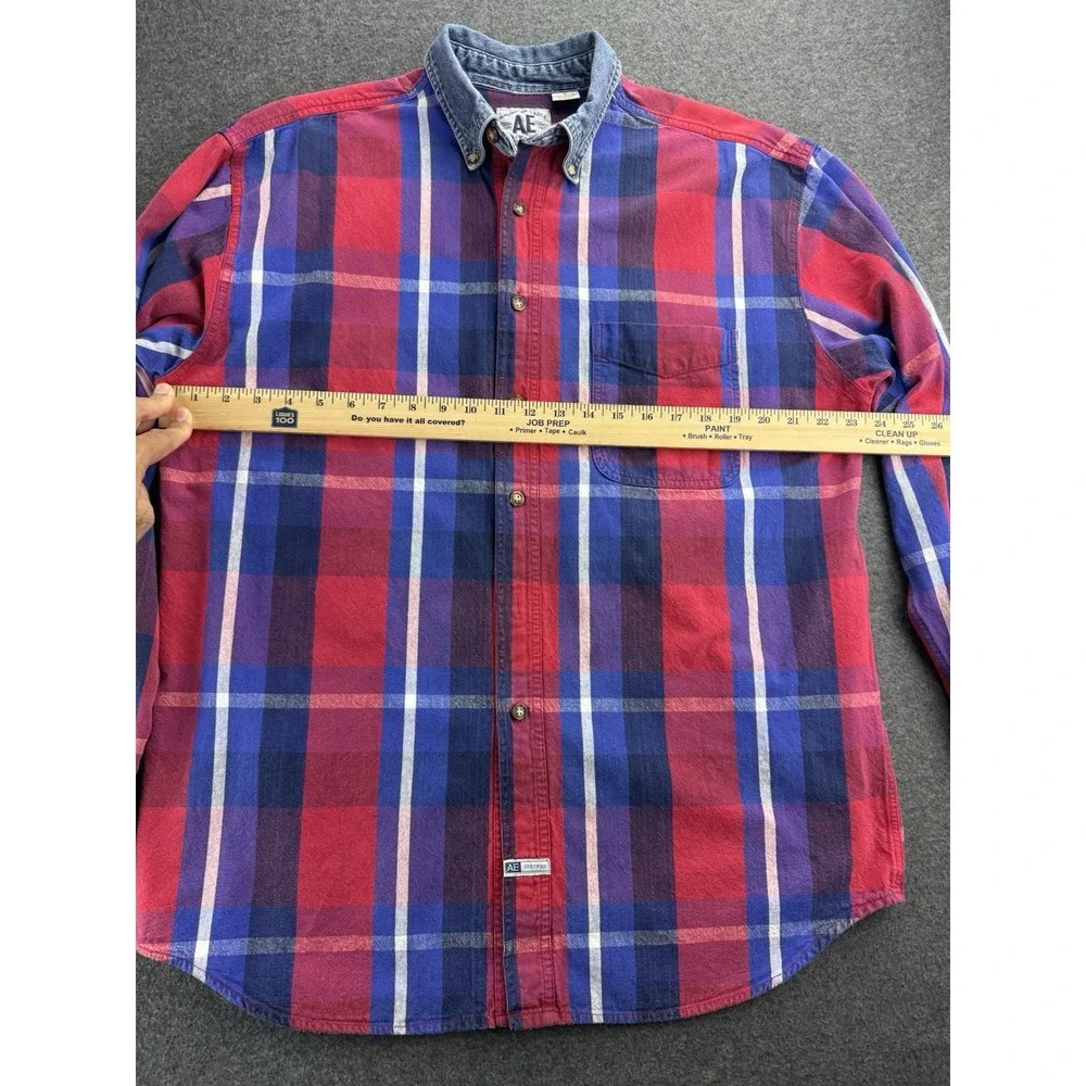 VTG 90s American‎ Eagle Men's Sz M Denim Button-Up Shirt Plaid Cotton Grunge Y2K